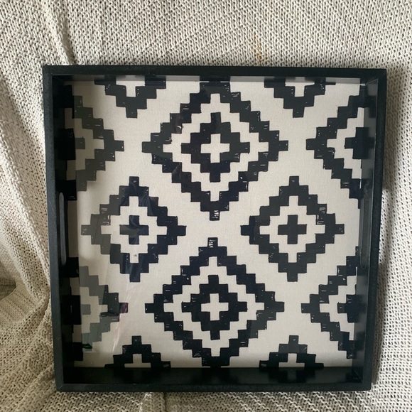 Square Glass-top & Wood Black & Beige Boho Beachy Geometric Serving Tray - Picture 3 of 6